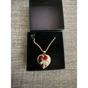 New Gold Toned Heart w/ Red Roses engraved saying on back Necklace